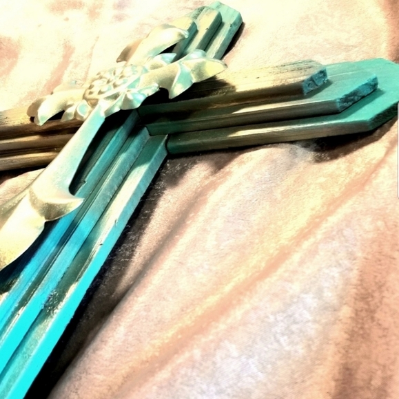 Hand-Painted Turquoise & Gold Wooden Wall Cross - Picture 2 of 5